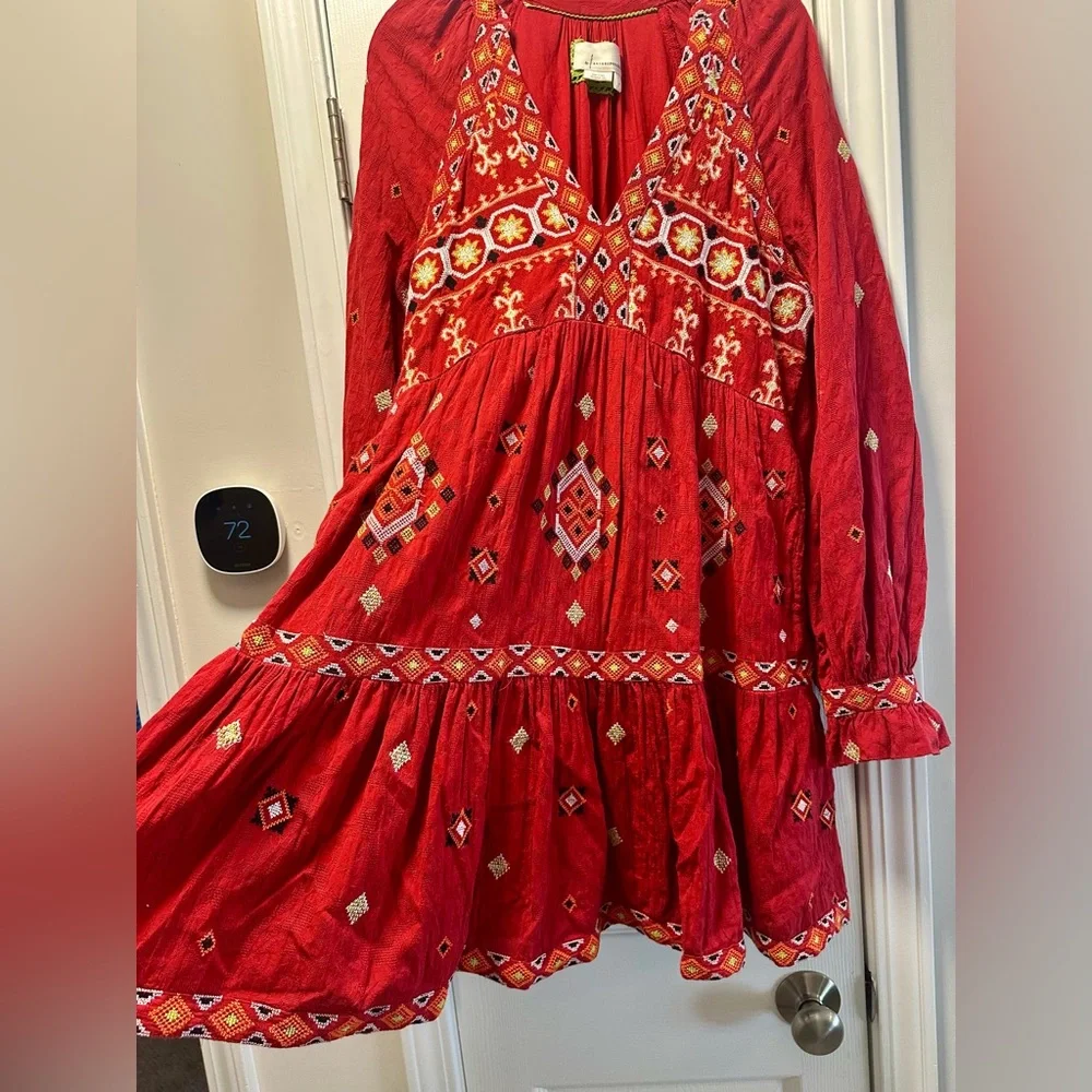 Anthropologie Red Bohemian Embroidered Dress - Picture 3 of 8